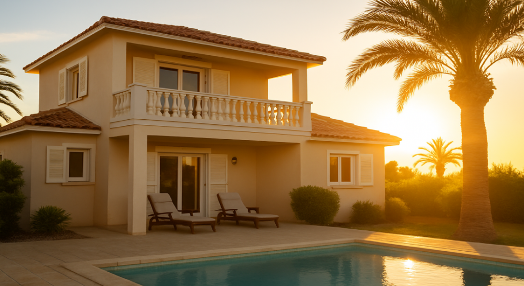 asa de verano con piscina al atardecer, rodeada de palmeras, representando un ambiente cálido y relajado donde también puede aparecer humedad en verano