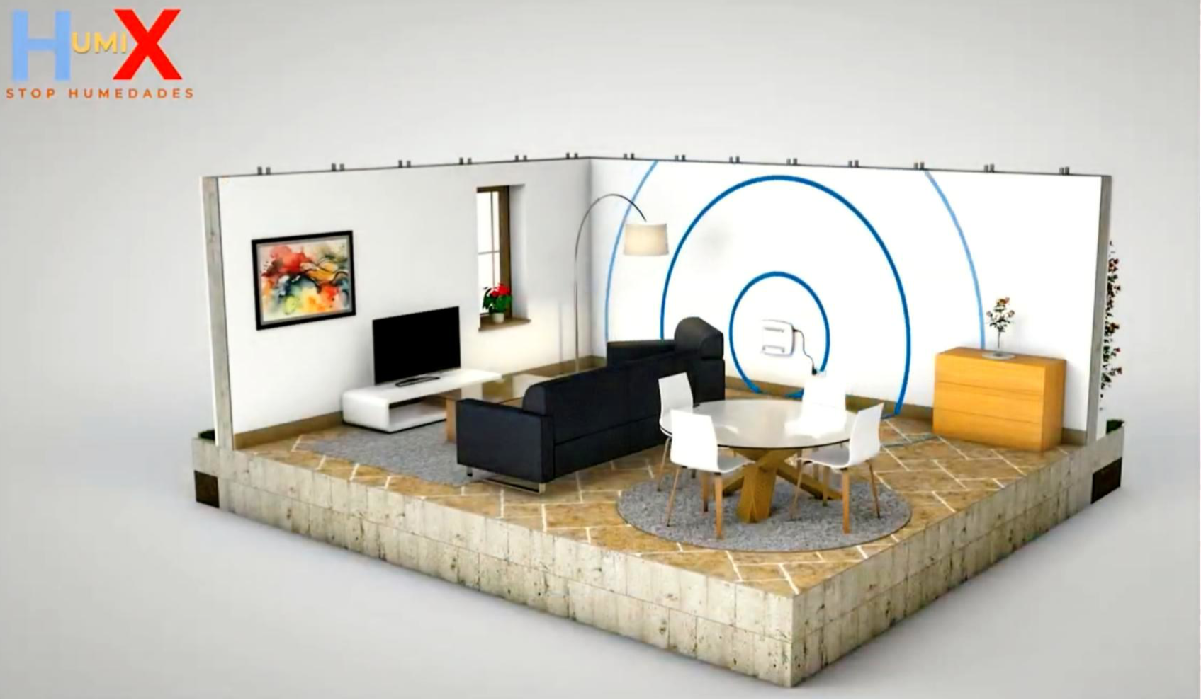 Render 3D de una sala de estar con el dispositivo HS-221 de Humix emitiendo ondas electromagnéticas de baja frecuencia hacia una pared con humedad, ilustrando su funcionamiento sin obras ni químicos.